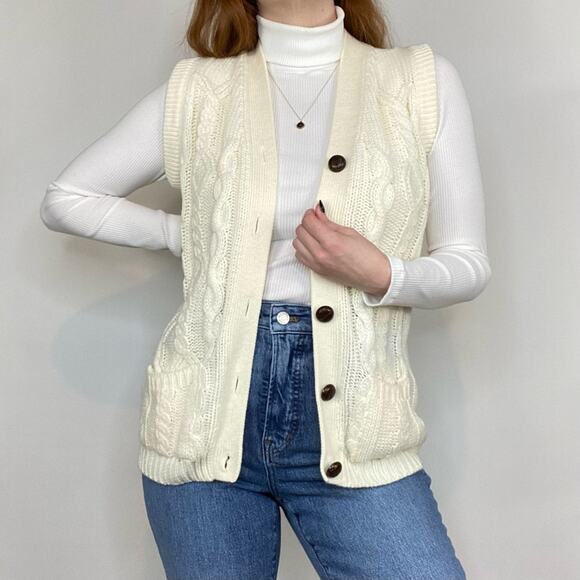 Vintage 70s Small Ivory Chunky Knit Cable Knit Cardigan Style Sweater Vest - Picture 2 of 10